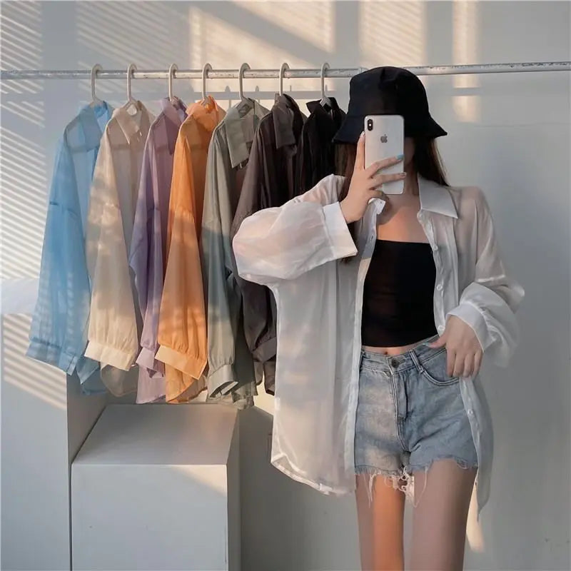 Shirt for Women Blouse Long Sleeve Top Female Chiffon Loose Cardigan Thin Sexy Solid Color Casual Shirt