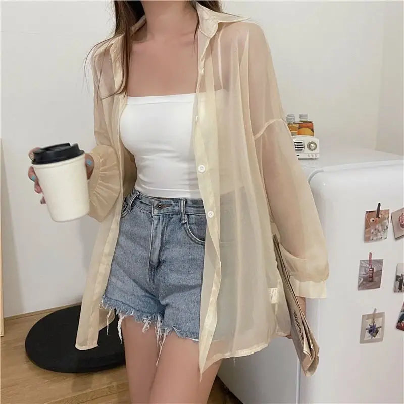 Shirt for Women Blouse Long Sleeve Top Female Chiffon Loose Cardigan Thin Sexy Solid Color Casual Shirt