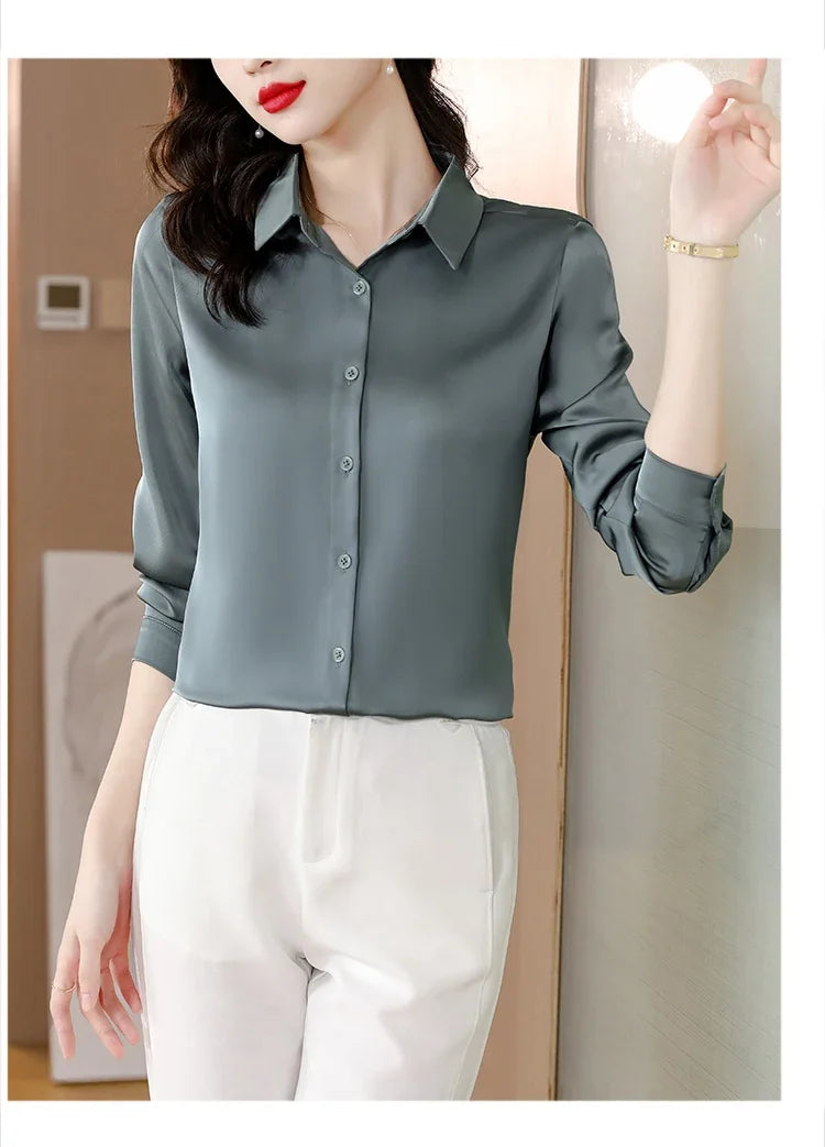 Spring New Shirts for Women Satin Long Sleeve Blouse Office Lady Fashion Shirts Silk Women Shirt OL Elegant Blouses Ladies Tops