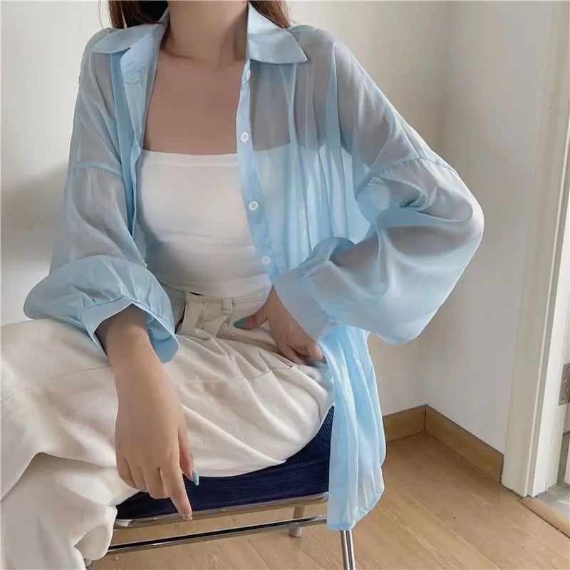 Shirt for Women Blouse Long Sleeve Top Female Chiffon Loose Cardigan Thin Sexy Solid Color Casual Shirt