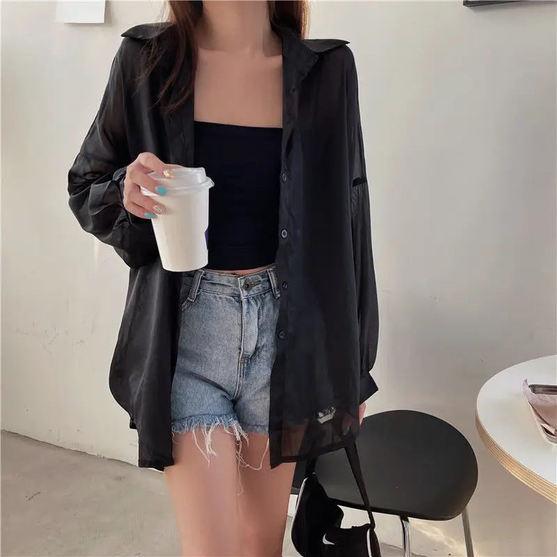 Shirt for Women Blouse Long Sleeve Top Female Chiffon Loose Cardigan Thin Sexy Solid Color Casual Shirt