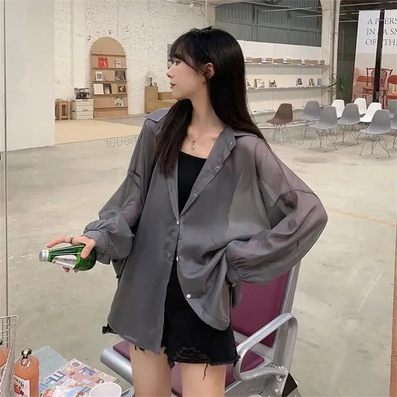Shirt for Women Blouse Long Sleeve Top Female Chiffon Loose Cardigan Thin Sexy Solid Color Casual Shirt