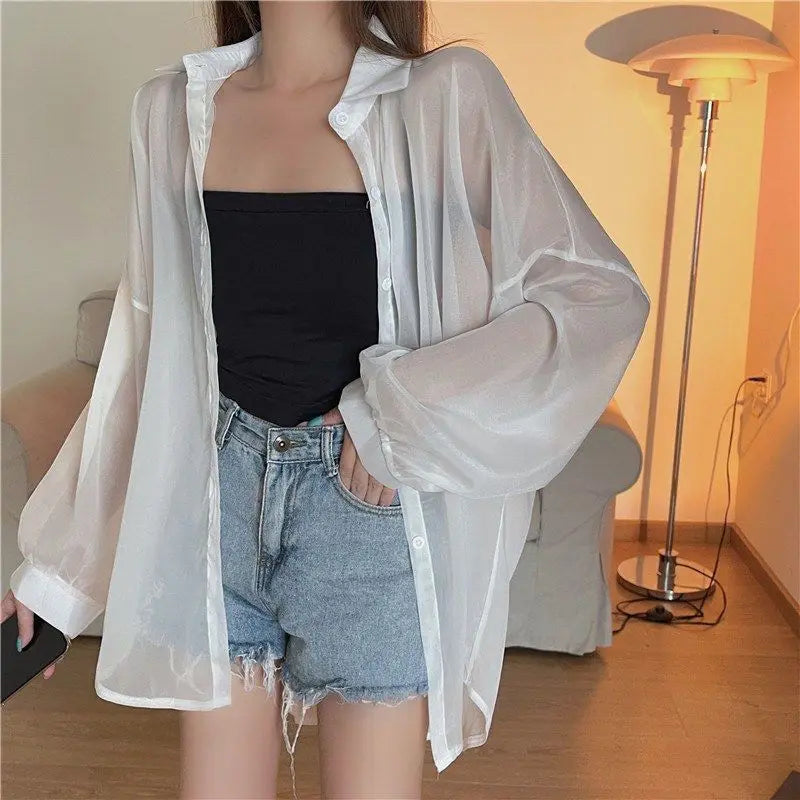 Shirt for Women Blouse Long Sleeve Top Female Chiffon Loose Cardigan Thin Sexy Solid Color Casual Shirt