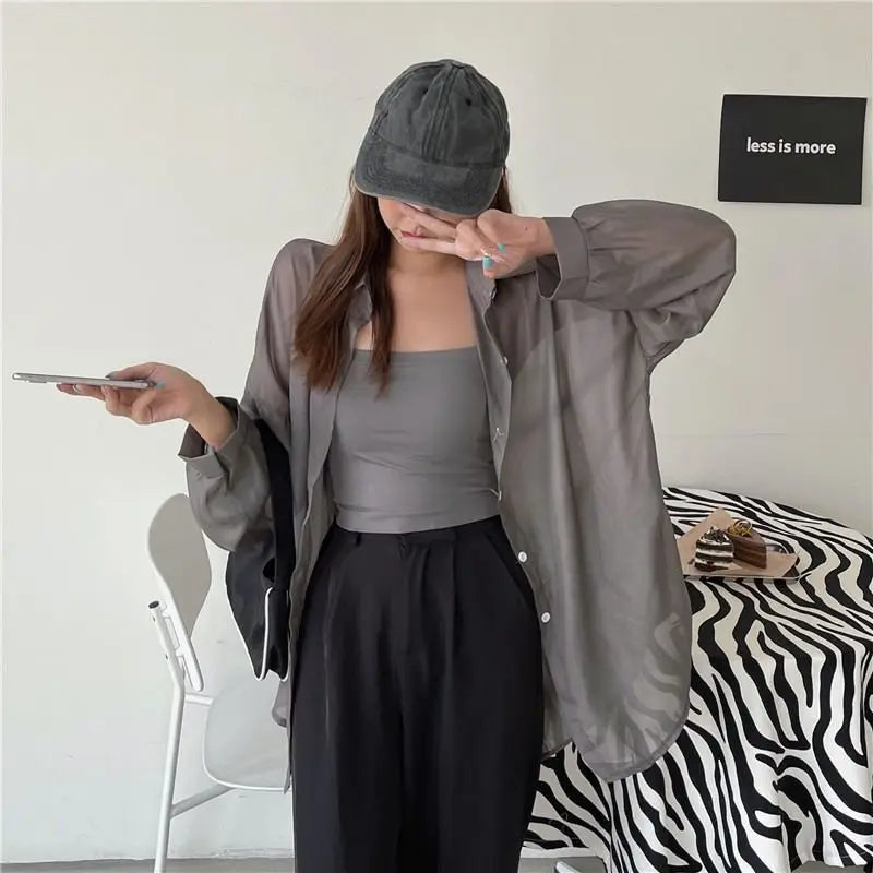 Shirt for Women Blouse Long Sleeve Top Female Chiffon Loose Cardigan Thin Sexy Solid Color Casual Shirt