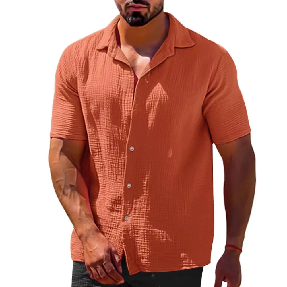 2025 Shirts Summer Hot Selling Lapel Solid Color Short Sleeve Button Loose Breathable Sweat Absorption Men Casual Shirt Men