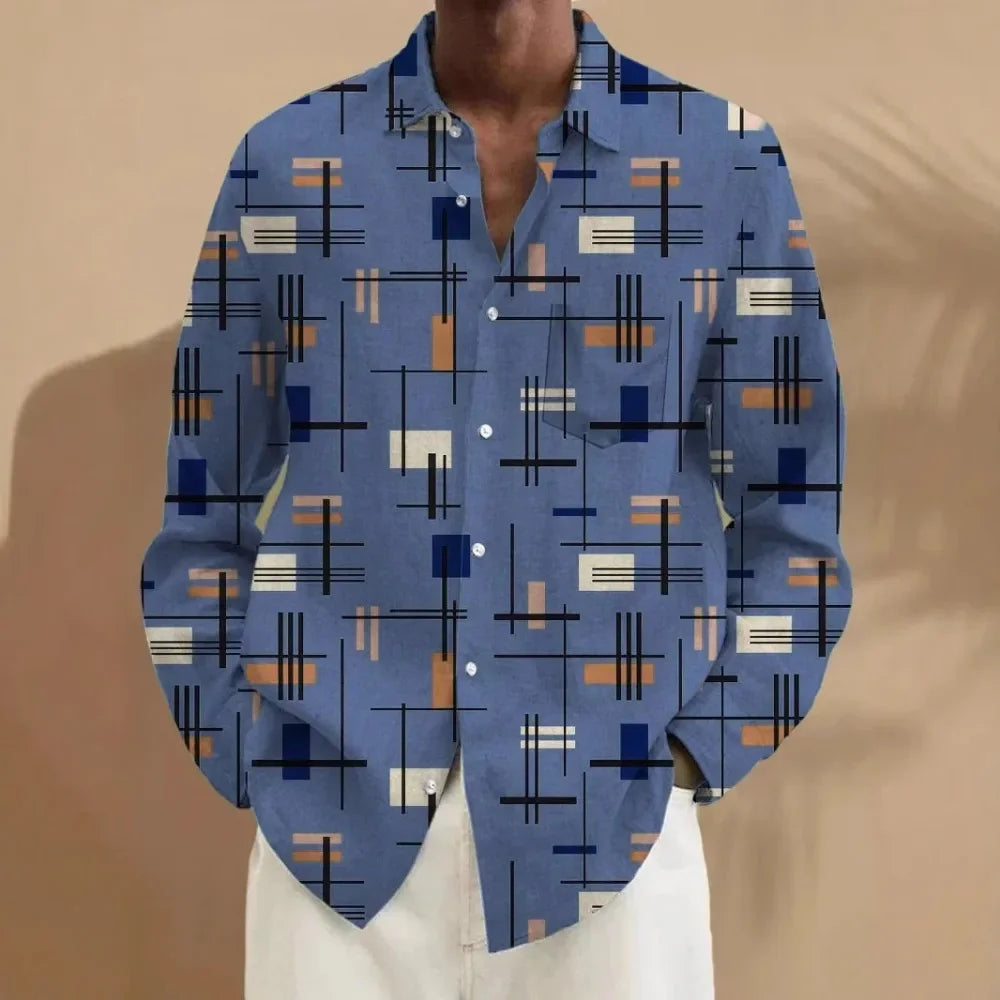 Hawaiian Button Shirts Turkish Modern Festival Printed Lines Graphics Full Sleeve Streetwear Breathable Men Dress Shirt Clothing