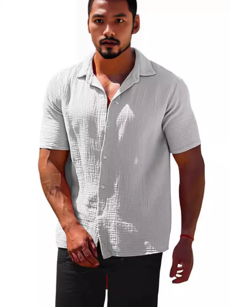 2025 Shirts Summer Hot Selling Lapel Solid Color Short Sleeve Button Loose Breathable Sweat Absorption Men Casual Shirt Men