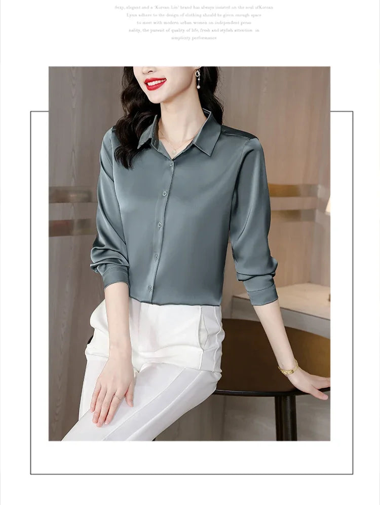 Spring New Shirts for Women Satin Long Sleeve Blouse Office Lady Fashion Shirts Silk Women Shirt OL Elegant Blouses Ladies Tops