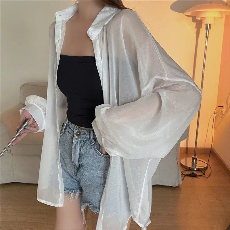 Shirt for Women Blouse Long Sleeve Top Female Chiffon Loose Cardigan Thin Sexy Solid Color Casual Shirt