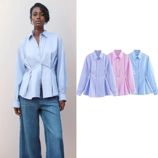 Spring Shirts Tops Women's 2025 New Chic Striped Slim Elegant Office Women's Shirt Fashion Street Youth Long-Sleeved Shirt