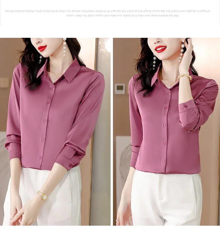 Spring New Shirts for Women Satin Long Sleeve Blouse Office Lady Fashion Shirts Silk Women Shirt OL Elegant Blouses Ladies Tops