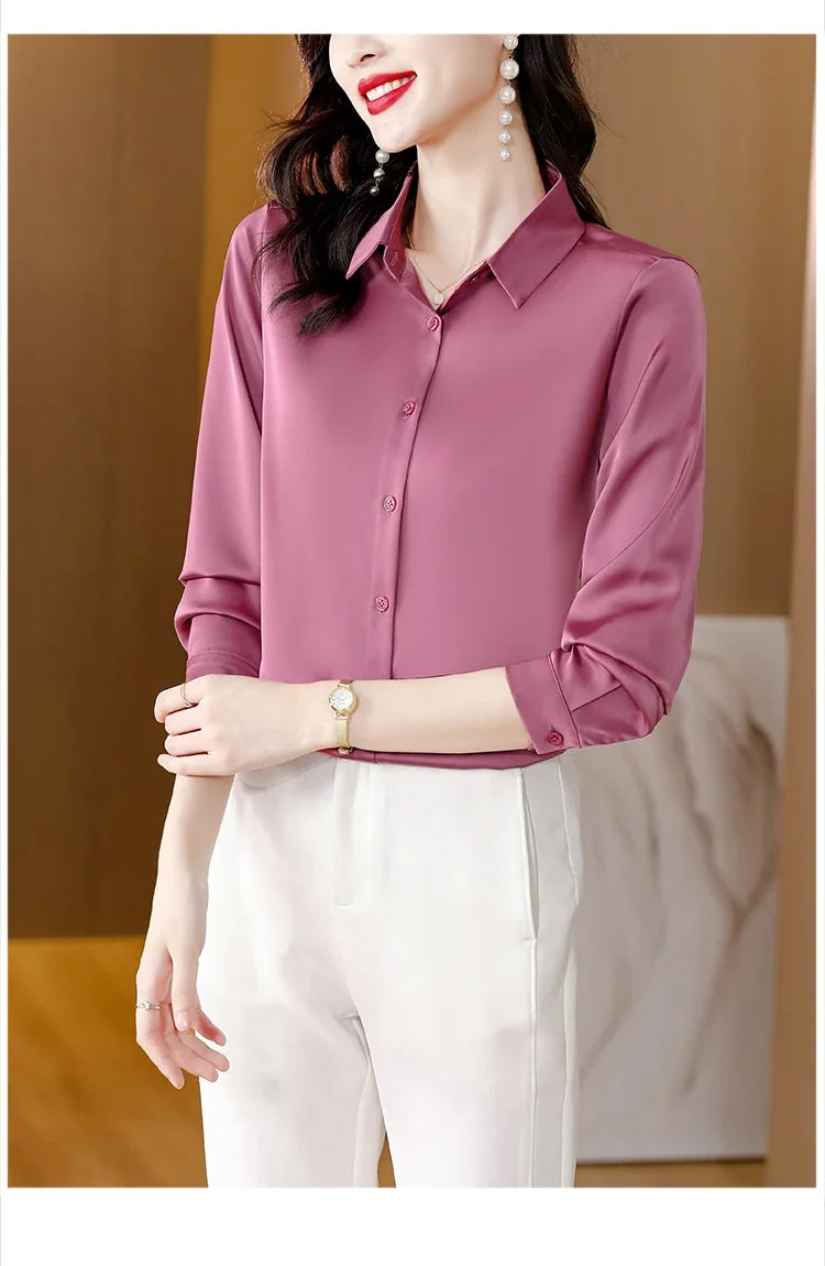 Spring New Shirts for Women Satin Long Sleeve Blouse Office Lady Fashion Shirts Silk Women Shirt OL Elegant Blouses Ladies Tops