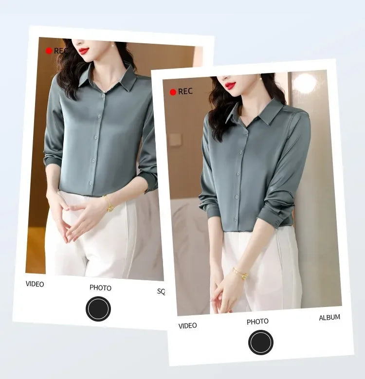 Spring New Shirts for Women Satin Long Sleeve Blouse Office Lady Fashion Shirts Silk Women Shirt OL Elegant Blouses Ladies Tops