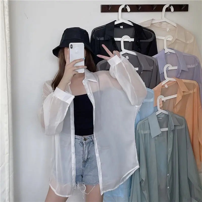 Shirt for Women Blouse Long Sleeve Top Female Chiffon Loose Cardigan Thin Sexy Solid Color Casual Shirt