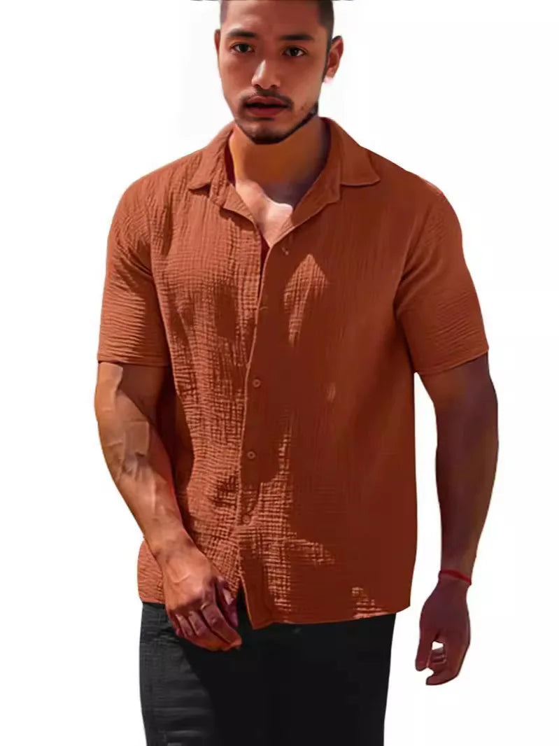 2025 Shirts  Summer Hot Selling Lapel Solid Color Short Sleeve Button Loose Breathable Sweat Absorption Men Casual Shirt Men