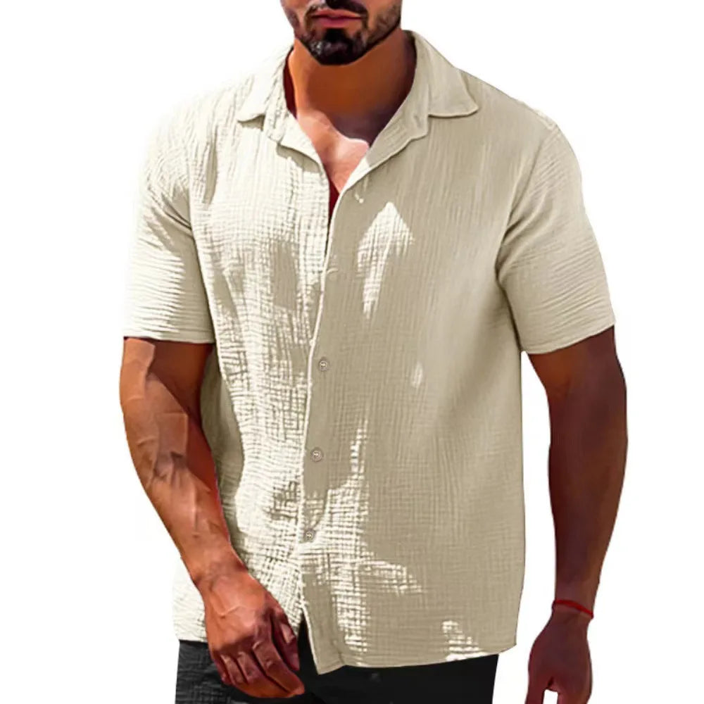 2025 Shirts  Summer Hot Selling Lapel Solid Color Short Sleeve Button Loose Breathable Sweat Absorption Men Casual Shirt Men