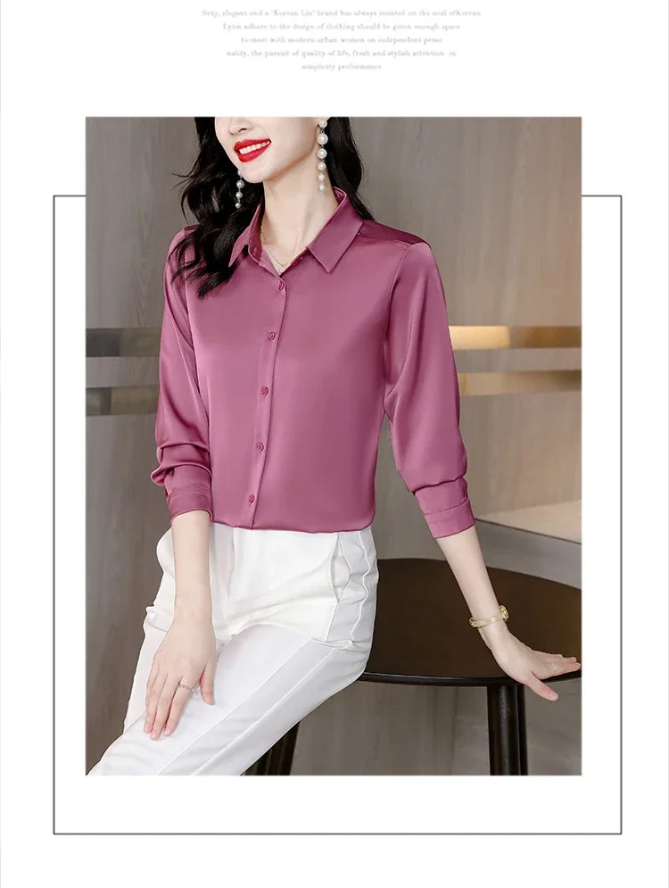 Spring New Shirts for Women Satin Long Sleeve Blouse Office Lady Fashion Shirts Silk Women Shirt OL Elegant Blouses Ladies Tops