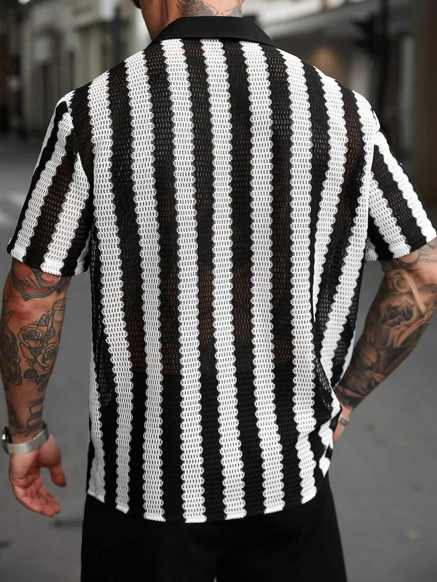 Striped Shirt Men Single Breasted Hollow Out Shirts Short Sleeve Cardigan Shirt Knit Buttons Slim Fit Summer 2025 Spliced