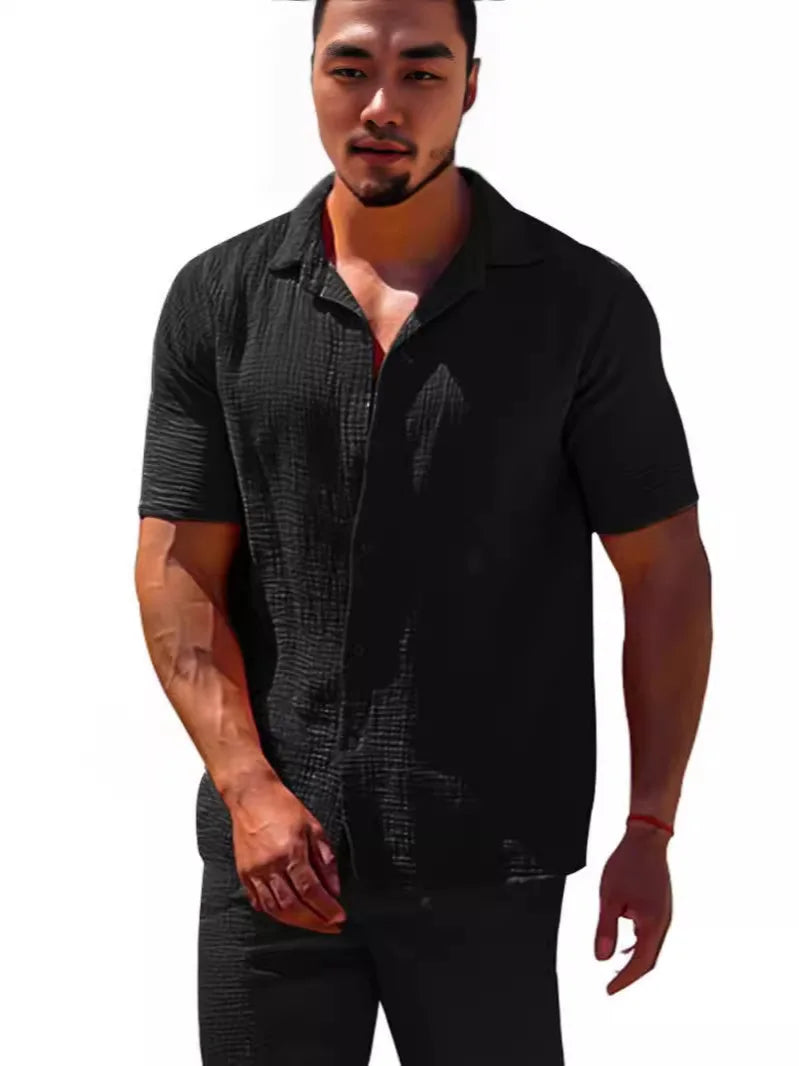 2025 Shirts  Summer Hot Selling Lapel Solid Color Short Sleeve Button Loose Breathable Sweat Absorption Men Casual Shirt Men