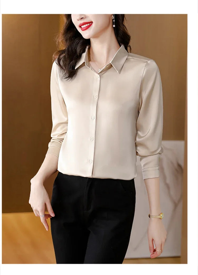 Spring New Shirts for Women Satin Long Sleeve Blouse Office Lady Fashion Shirts Silk Women Shirt OL Elegant Blouses Ladies Tops