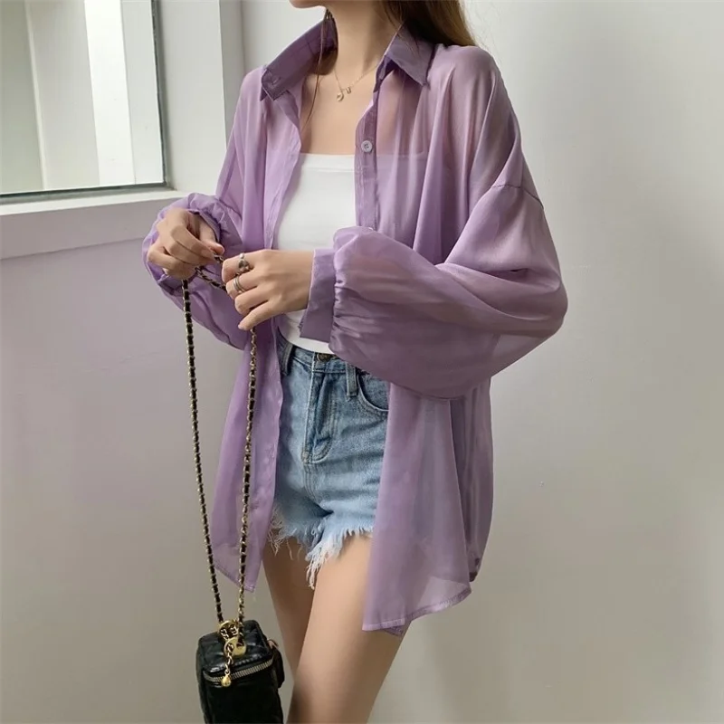 Shirt for Women Blouse Long Sleeve Top Female Chiffon Loose Cardigan Thin Sexy Solid Color Casual Shirt