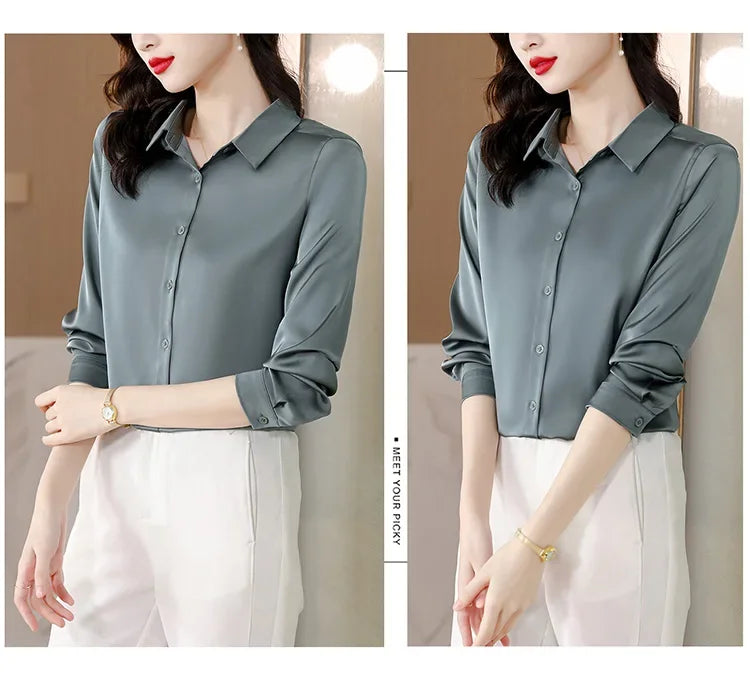 Spring New Shirts for Women Satin Long Sleeve Blouse Office Lady Fashion Shirts Silk Women Shirt OL Elegant Blouses Ladies Tops