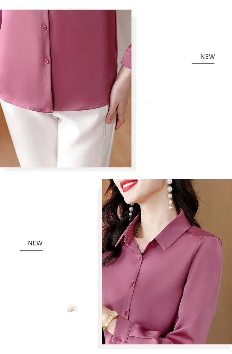 Spring New Shirts for Women Satin Long Sleeve Blouse Office Lady Fashion Shirts Silk Women Shirt OL Elegant Blouses Ladies Tops