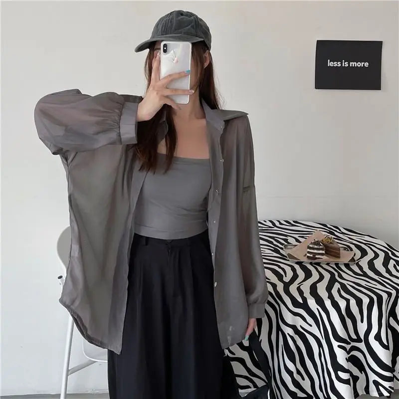 Shirt for Women Blouse Long Sleeve Top Female Chiffon Loose Cardigan Thin Sexy Solid Color Casual Shirt