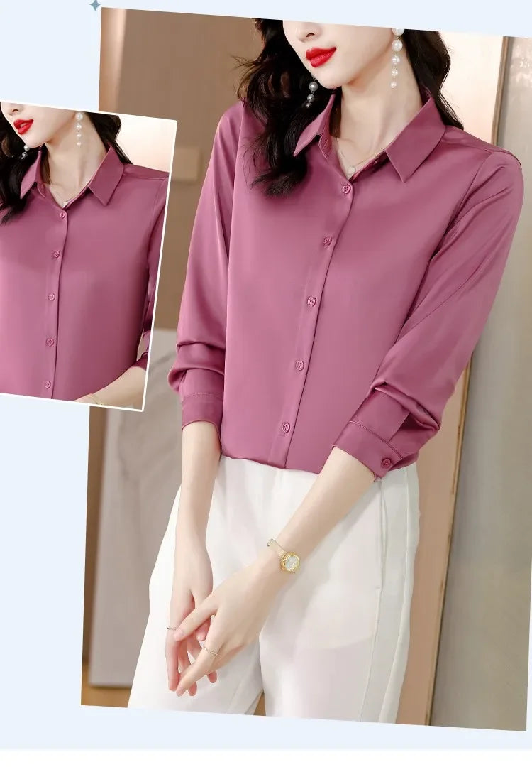 Spring New Shirts for Women Satin Long Sleeve Blouse Office Lady Fashion Shirts Silk Women Shirt OL Elegant Blouses Ladies Tops
