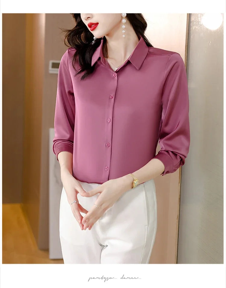 Spring New Shirts for Women Satin Long Sleeve Blouse Office Lady Fashion Shirts Silk Women Shirt OL Elegant Blouses Ladies Tops