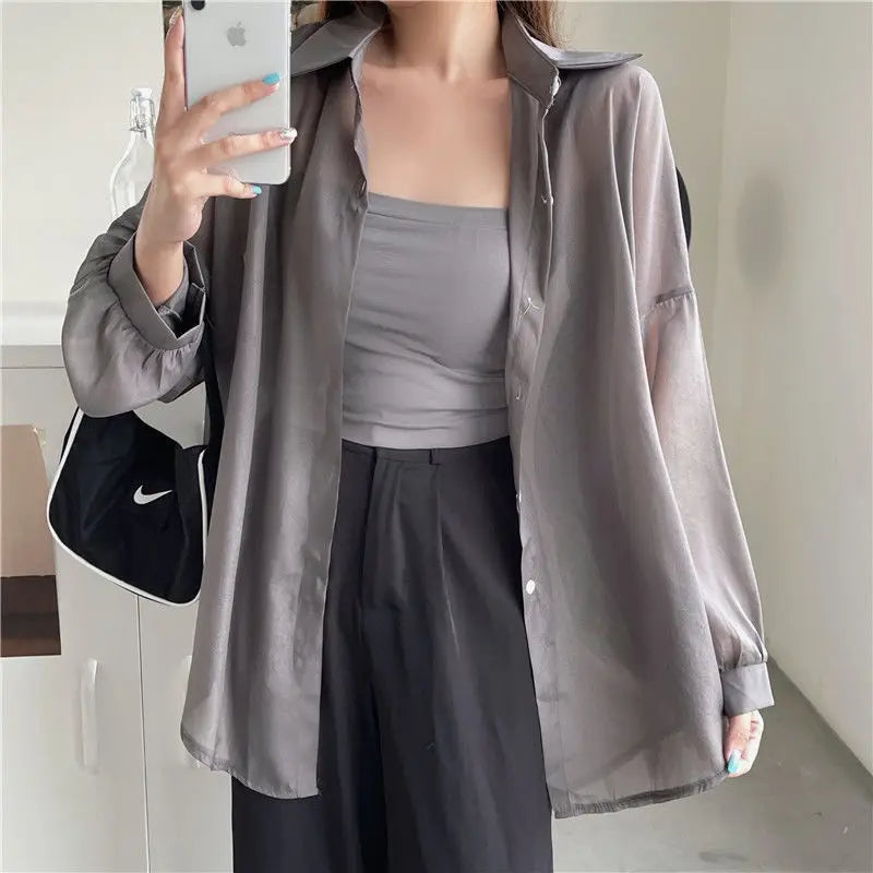 Shirt for Women Blouse Long Sleeve Top Female Chiffon Loose Cardigan Thin Sexy Solid Color Casual Shirt