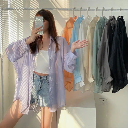 Shirt for Women Blouse Long Sleeve Top Female Chiffon Loose Cardigan Thin Sexy Solid Color Casual Shirt