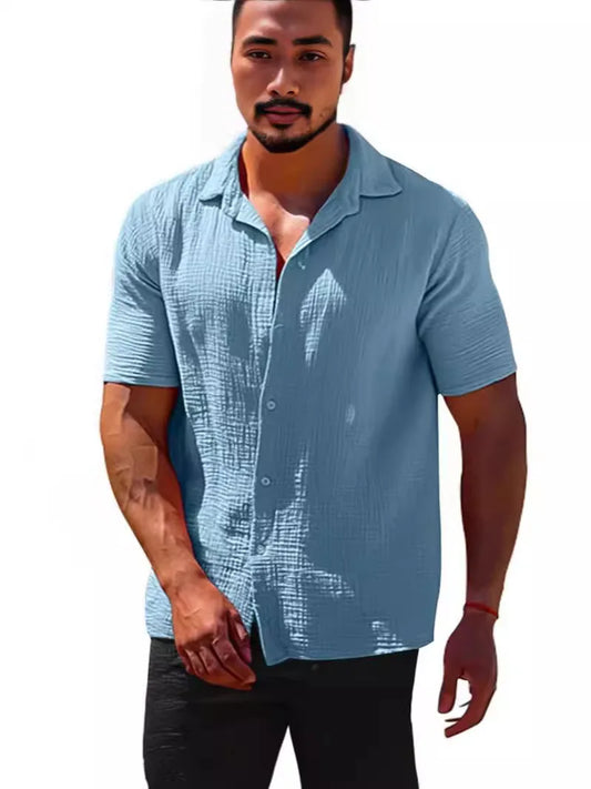 2025 Shirts  Summer Hot Selling Lapel Solid Color Short Sleeve Button Loose Breathable Sweat Absorption Men Casual Shirt Men