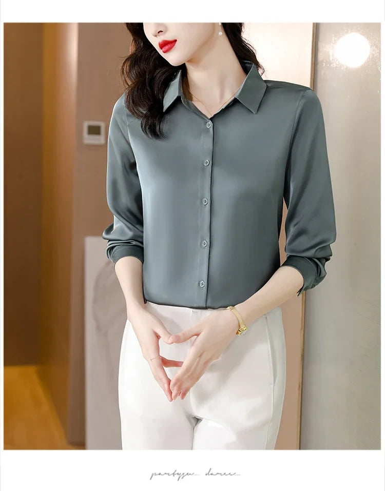 Spring New Shirts for Women Satin Long Sleeve Blouse Office Lady Fashion Shirts Silk Women Shirt OL Elegant Blouses Ladies Tops