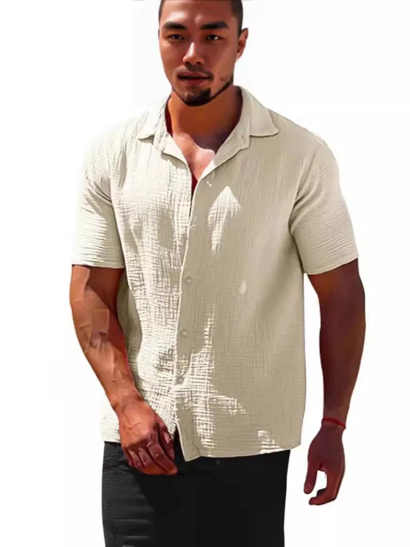 2025 Shirts  Summer Hot Selling Lapel Solid Color Short Sleeve Button Loose Breathable Sweat Absorption Men Casual Shirt Men