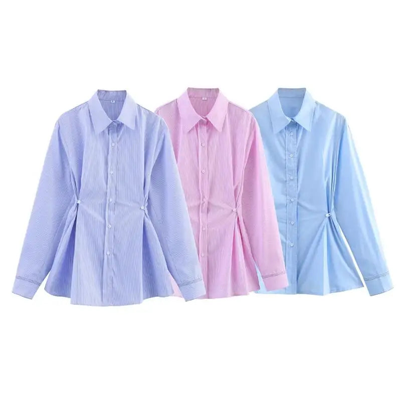 Spring Shirts Tops Women's 2025 New Chic Striped Slim Elegant Office Women's Shirt Fashion Street Youth Long-Sleeved Shirt