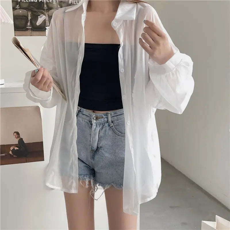 Shirt for Women Blouse Long Sleeve Top Female Chiffon Loose Cardigan Thin Sexy Solid Color Casual Shirt