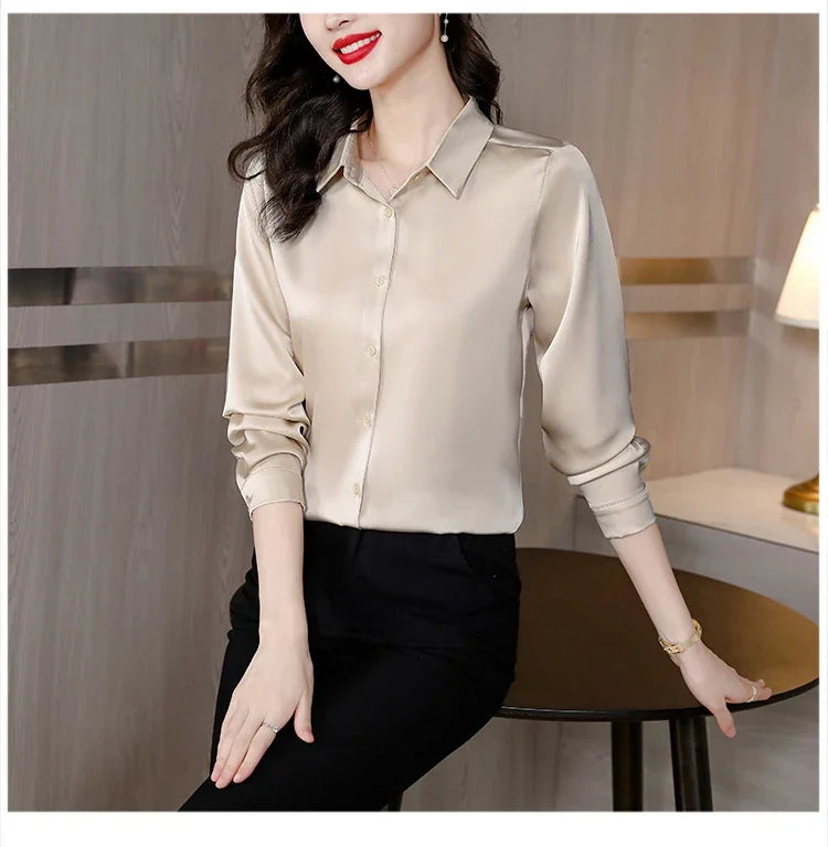 Spring New Shirts for Women Satin Long Sleeve Blouse Office Lady Fashion Shirts Silk Women Shirt OL Elegant Blouses Ladies Tops