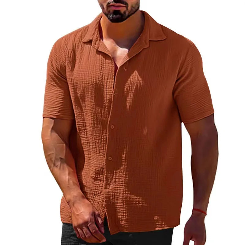 2025 Shirts  Summer Hot Selling Lapel Solid Color Short Sleeve Button Loose Breathable Sweat Absorption Men Casual Shirt Men