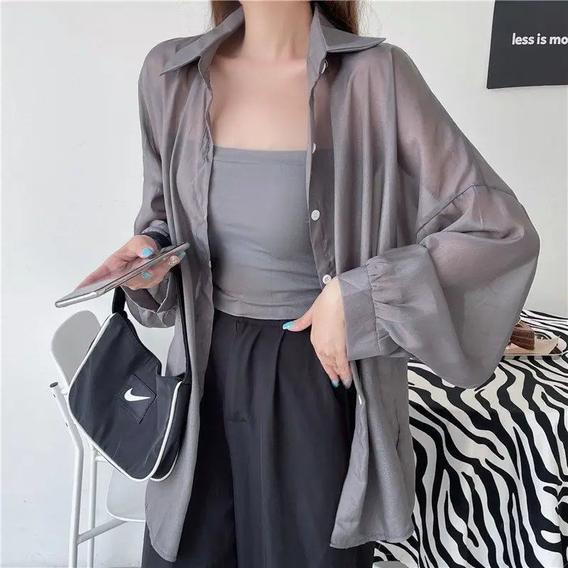 Shirt for Women Blouse Long Sleeve Top Female Chiffon Loose Cardigan Thin Sexy Solid Color Casual Shirt