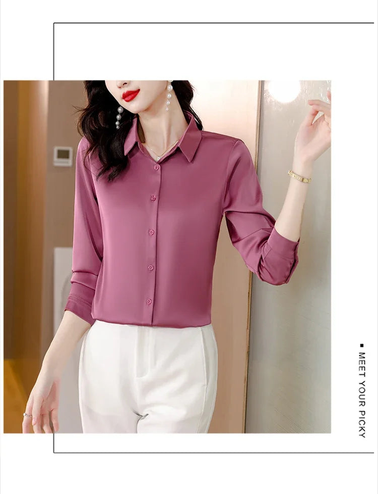 Spring New Shirts for Women Satin Long Sleeve Blouse Office Lady Fashion Shirts Silk Women Shirt OL Elegant Blouses Ladies Tops