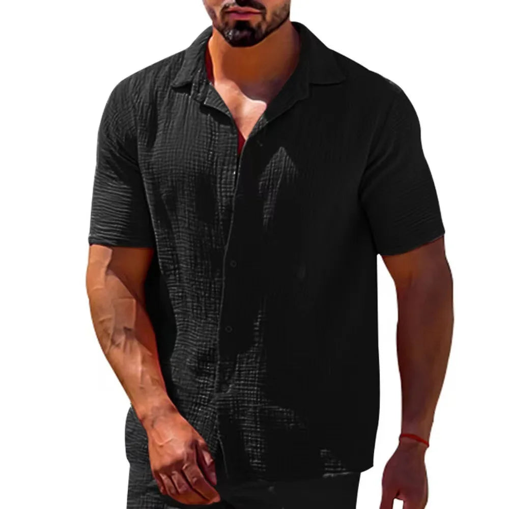 2025 Shirts  Summer Hot Selling Lapel Solid Color Short Sleeve Button Loose Breathable Sweat Absorption Men Casual Shirt Men