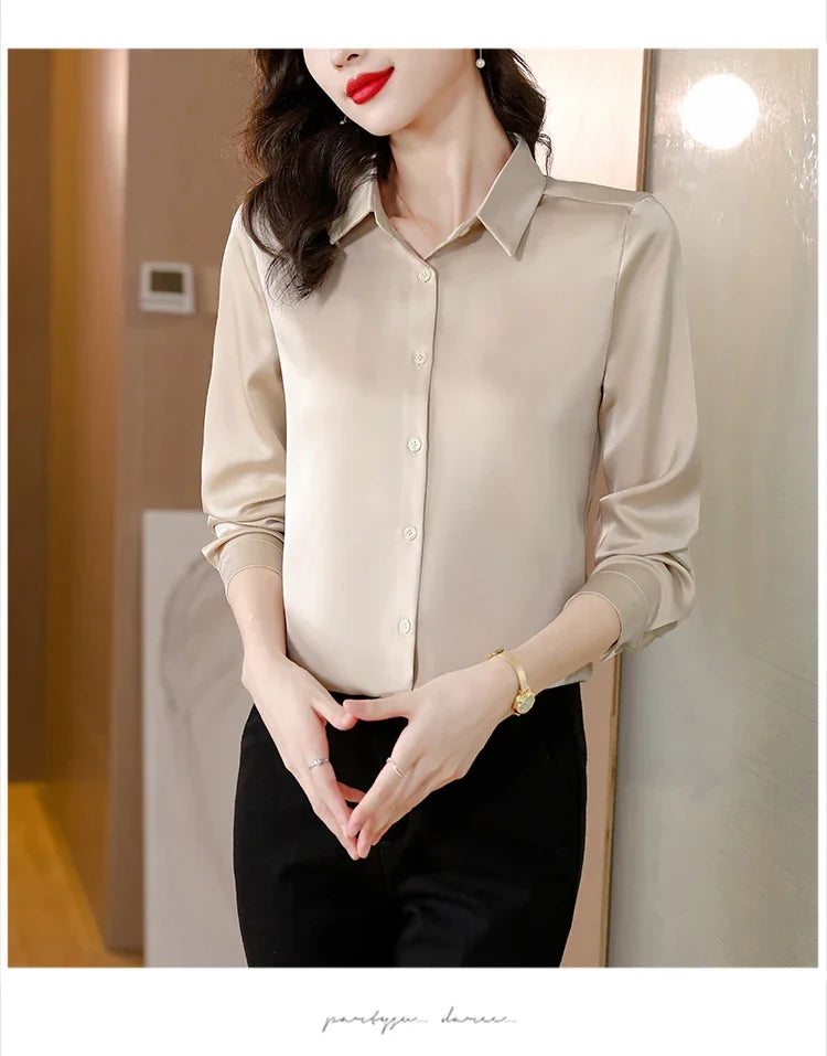 Spring New Shirts for Women Satin Long Sleeve Blouse Office Lady Fashion Shirts Silk Women Shirt OL Elegant Blouses Ladies Tops