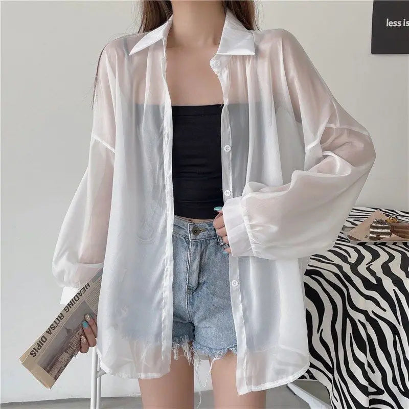 Shirt for Women Blouse Long Sleeve Top Female Chiffon Loose Cardigan Thin Sexy Solid Color Casual Shirt