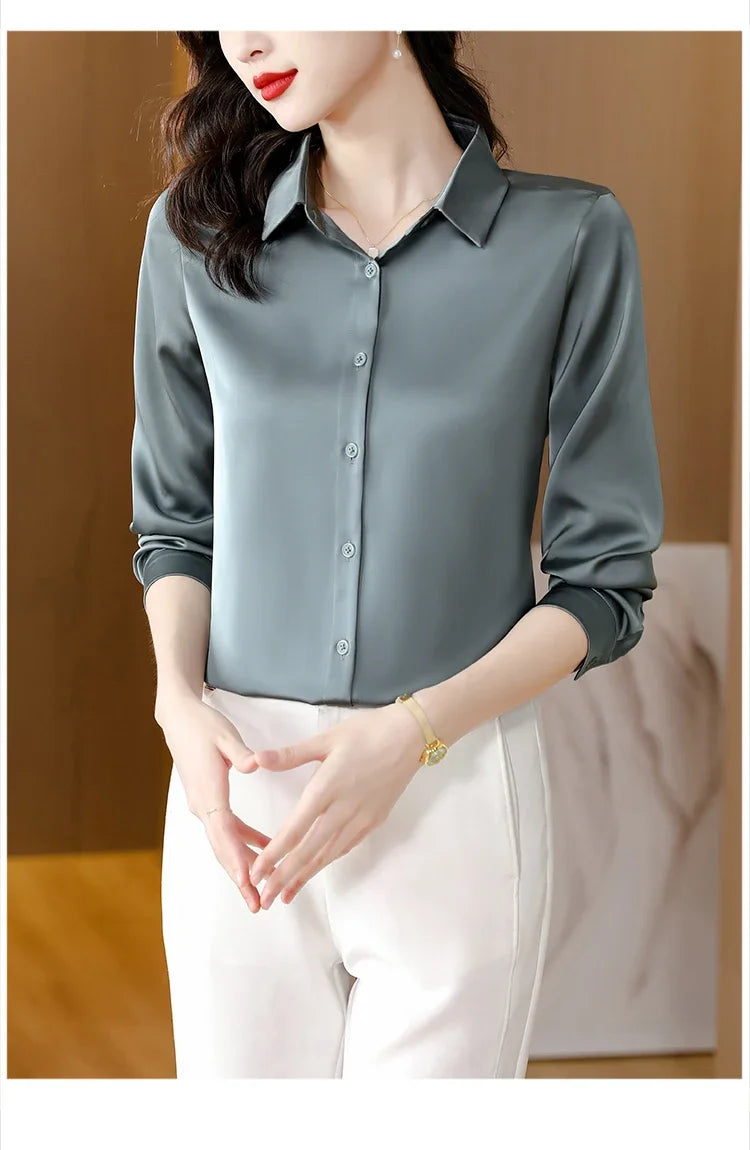 Spring New Shirts for Women Satin Long Sleeve Blouse Office Lady Fashion Shirts Silk Women Shirt OL Elegant Blouses Ladies Tops