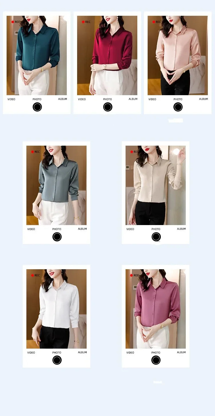 Spring New Shirts for Women Satin Long Sleeve Blouse Office Lady Fashion Shirts Silk Women Shirt OL Elegant Blouses Ladies Tops