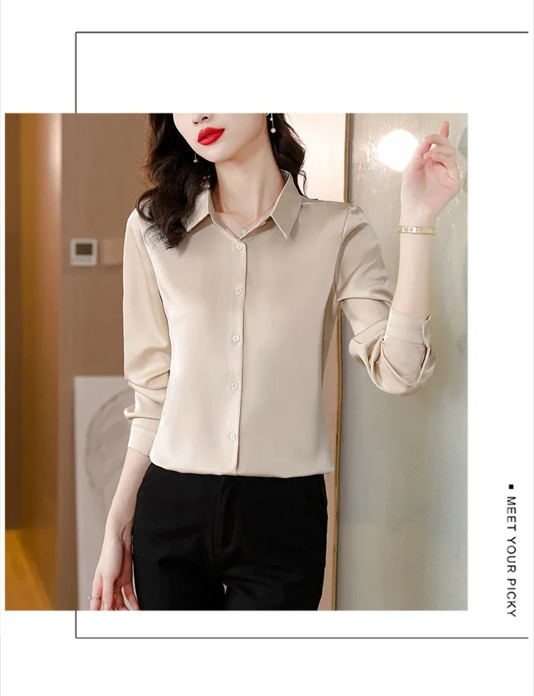 Spring New Shirts for Women Satin Long Sleeve Blouse Office Lady Fashion Shirts Silk Women Shirt OL Elegant Blouses Ladies Tops