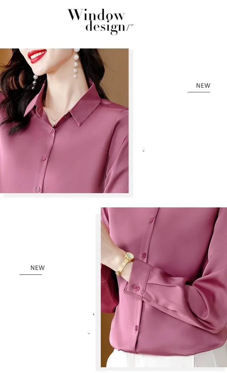 Spring New Shirts for Women Satin Long Sleeve Blouse Office Lady Fashion Shirts Silk Women Shirt OL Elegant Blouses Ladies Tops