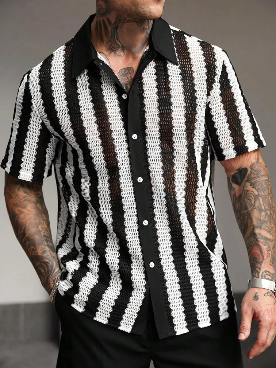 Striped Shirt Men Single Breasted Hollow Out Shirts Short Sleeve Cardigan Shirt Knit Buttons Slim Fit Summer 2025 Spliced