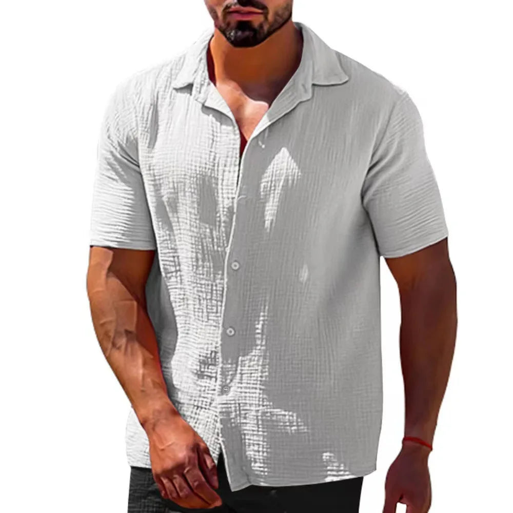 2025 Shirts  Summer Hot Selling Lapel Solid Color Short Sleeve Button Loose Breathable Sweat Absorption Men Casual Shirt Men